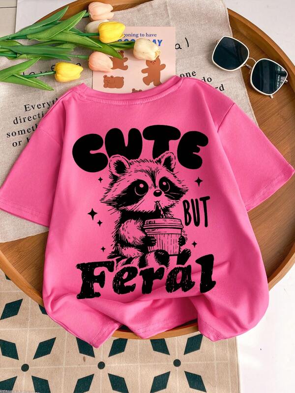 Young Girl's Cartoon Raccoon Print Round Neck Short Sleeve Tee Spring And Summer Casual T Shirt For Young Girl