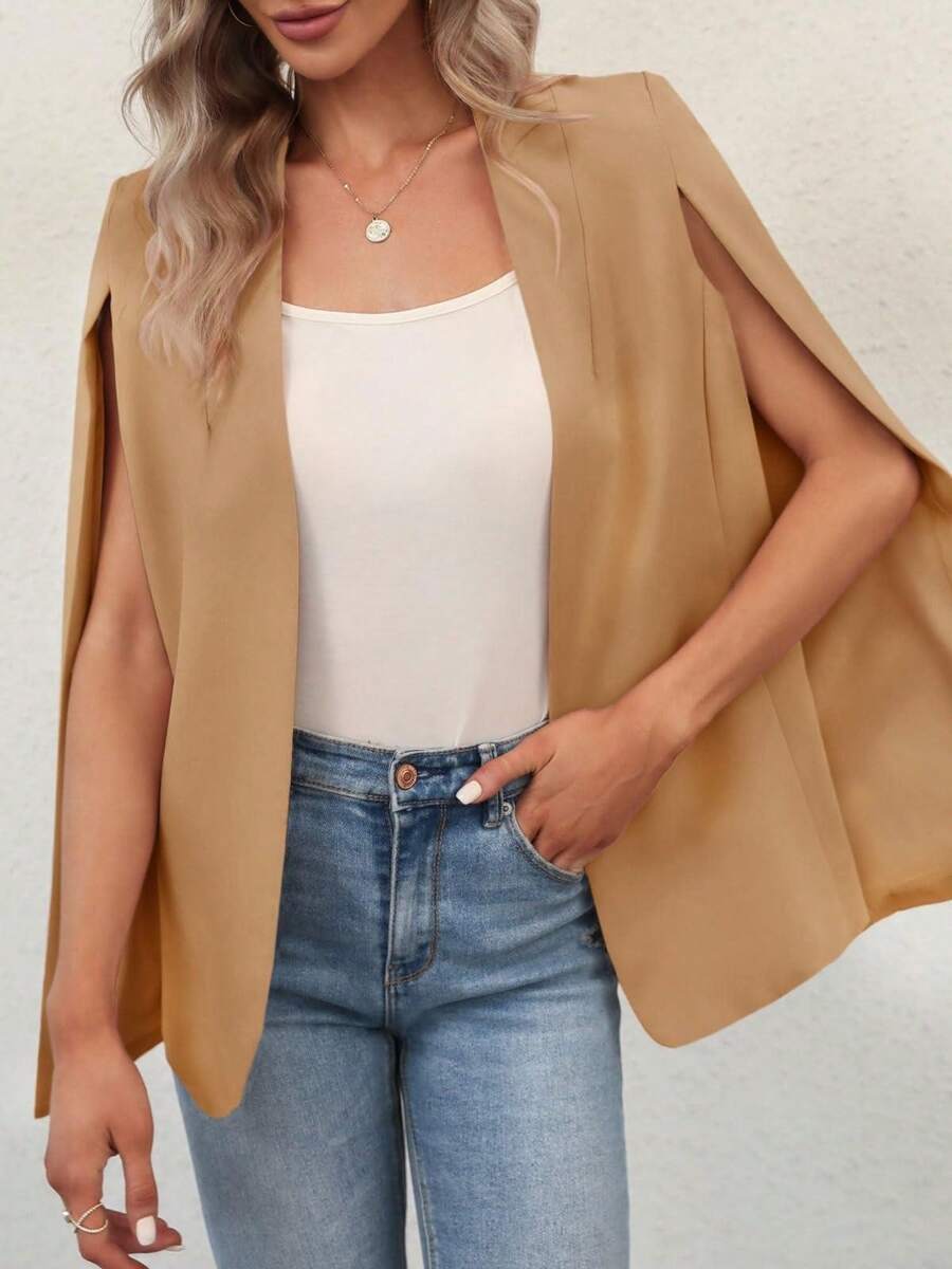 Women's Cape Blazer Split Sleeve Open Front Casual Jacket For Workwear - 卡其色 - 查看 1