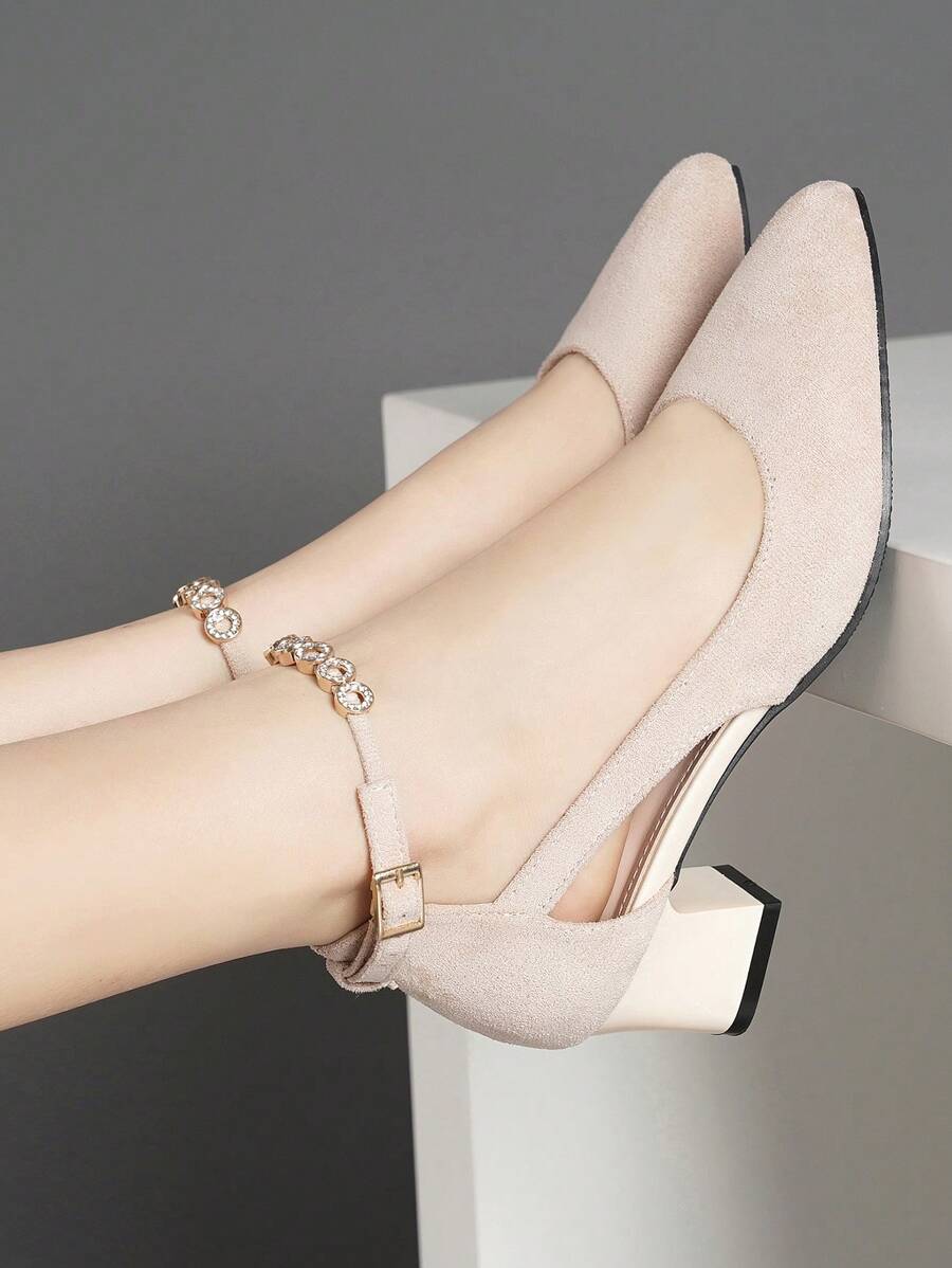 High Heel Pumps Chunky Heel Single Strap With Rhinestones - Apricot - View 1