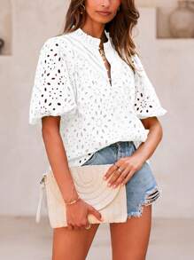 Women's Summer Top Fashion Casual Lantern Short Sleeve V-Neck Button Hollow-Out Lace Embroidery Shirt - Màu be - Xem 3