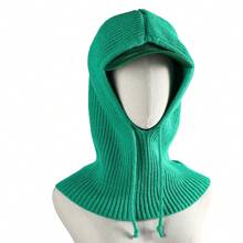 1pc Women's Green Drawstring Faux Collar Wool Balaclava Hat, Outdoor Ski Warm Knitted Face & Neck Protective Cowl Hood, Suitable For Winter Cold Protection