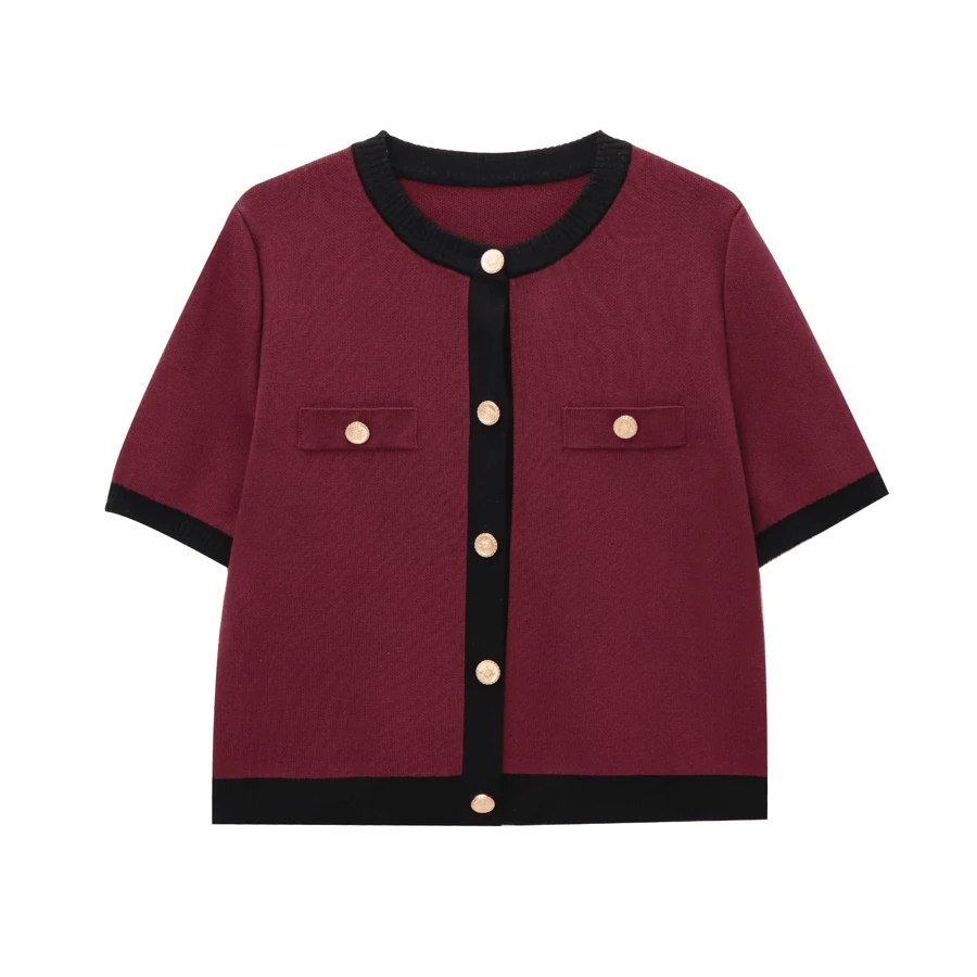 Blusa feminina de malha de manga curta LEILEIBEI, novidade em estilo francês, com blocos de cores, botões, gola redonda e modelagem ajustada. - Borgonha - Ver 1
