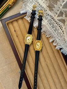 1 Đồng hồ thạch anh vàng phong cách cổ điển mới cho nữ, dây đeo bằng da PU, mặt số hình chữ nhật khắc, số Ả Rập, thiết kế tối giản thời trang thanh lịch, thích hợp để đeo hàng ngày và làm quà tặng sinh nhật - màu đen - Xem 6