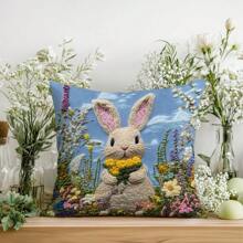 [2D Printed] 1pc 17.7"X17.7"(45x45cm) [Non-Embroidered] 2D Printed Floral & Rabbit Embroidery-Look Pattern Cushion Cover, [Single-Sided Printed] [Pillow Insert Not Included] Polyester Home Decor Backrest Pillow Cover, Sofa, Windowsill, Suitable For Daily Use, High-End Minimalist Self-Use Decoration, Living Room, Bedroom, Car Decoration