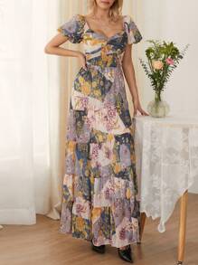 Women's Summer Casual Long Dress Flower Print Long Dress Short Puff Sleeve Sweetheart Neck Tunic Waist A-Line Dress - Màu vàng - Xem 4