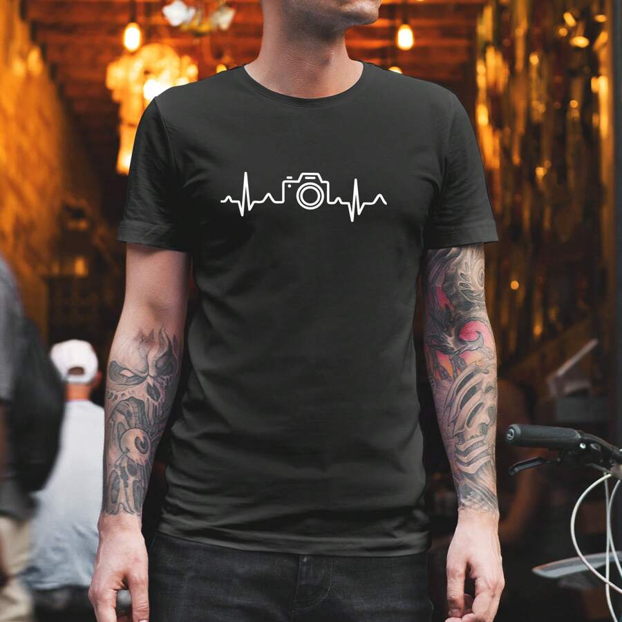 Playera con estampado de pulso cámara fotográfica fotógrafo moda - Negro - Ver 1