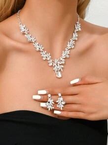 3 Pieces/Set Gold Rhinestone Flower Diamond Necklace And Earring Set, Suitable For Multifunctional Jewellery For Wedding Brides, A Gift For Others, Ideal For Wedding Parties And Proms. - Multicolor - View 4