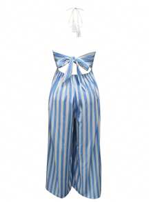 Bộ jumpsuit nữ màu xanh nhạt kẻ sọc dáng rộng, cổ yếm, hở lưng, thắt nơ, thích hợp cho kỳ nghỉ nhiệt đới, trang phục dự tiệc brunch, đồ đi biển, trang phục mùa hè, phong cách boho thanh lịch. - Nhiều màu - Xem 5
