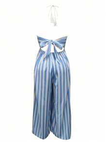 Women's Light Blue Striped Casual Wide Leg Halter Neck Backless Tie Bow Jumpsuit,Tropical Vacation Woman Clothes,Brunch Outfits For Women,Beachwear,Summer Outfit,Boho