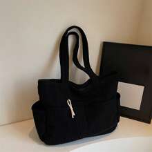 Bolsos de hombro para mujer con bolsillos, de pana, elegantes, acanalados, de gran capacidad, lisos, tipo tote - Negro - Ver 3