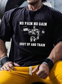 T-shirt minimaliste imprimé à col rond et manches courtes, style décontracté boyfriend, pour le sport. Port quotidien, pour la salle de sport, le fitness et l'entraînement. Nouveauté printemps/été 2025 pour hommes, vêtements de sport pour la course et la salle de sport. Vêtements de sport légers et confortables, coupe ample