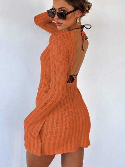 Women Vacation Outfits Round Neck Backless Lace Up Flare Sleeve Sexy Short Cover Up Mini Dress