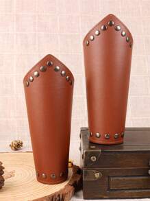 2Pcs Faux Leather Bracelet Vintage Steampunk PU Leather Wristguard Medieval Knight Live Action Role Play Scale Arm Guards Drama Costume Props - Brown - View 11