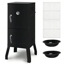 Outdoor Smoker With Double Doors, 2 Detachable Grill Netting Smoking Racks, Charcoal Pan & Water Pan, 4 Air Vents, Thermometer, Vertical Charcoal Smoker For Barbecue Camping Backyard Grill - 黑色 - 查看 3