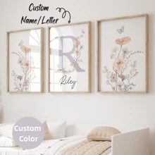 3pcs/Set, Custom Name Wildflowers Wall Art, Personalized Floral Nursery Wall Art Set, Custom Watercolor Flowers Poster Printing, Flower Theme Room Decoration - Set Of 3 Boho Posters - Personalized Birth Gift - Custom Flower Initial Wall Art Gifts Birthday Graduation