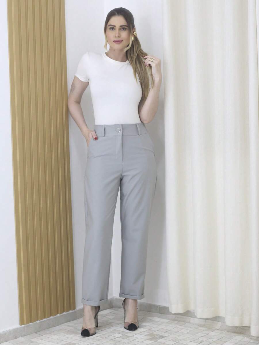 Women's Refreshing Plain Tailored Trousers With Button - Maxma 6631 - Light Grey - View 1