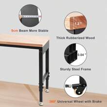 Ataucjin Adjustable Workbench, 60" L X 22" W, 28"-39.5" Heights, 2000 Lbs Load Capacity, Garage Worktable With Universal Wheels, Power Outlets & Hardwood Top & Storage & Foot Pads, For Office & Home