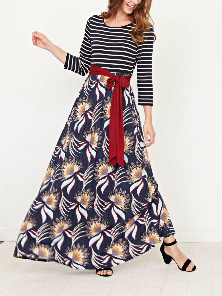 Multi Chevron Stripe Yellow, Navy And Mint Short Sleeve Maxi Long Dress With Pocket | S-3X - Đỏ tía A - Xem 1