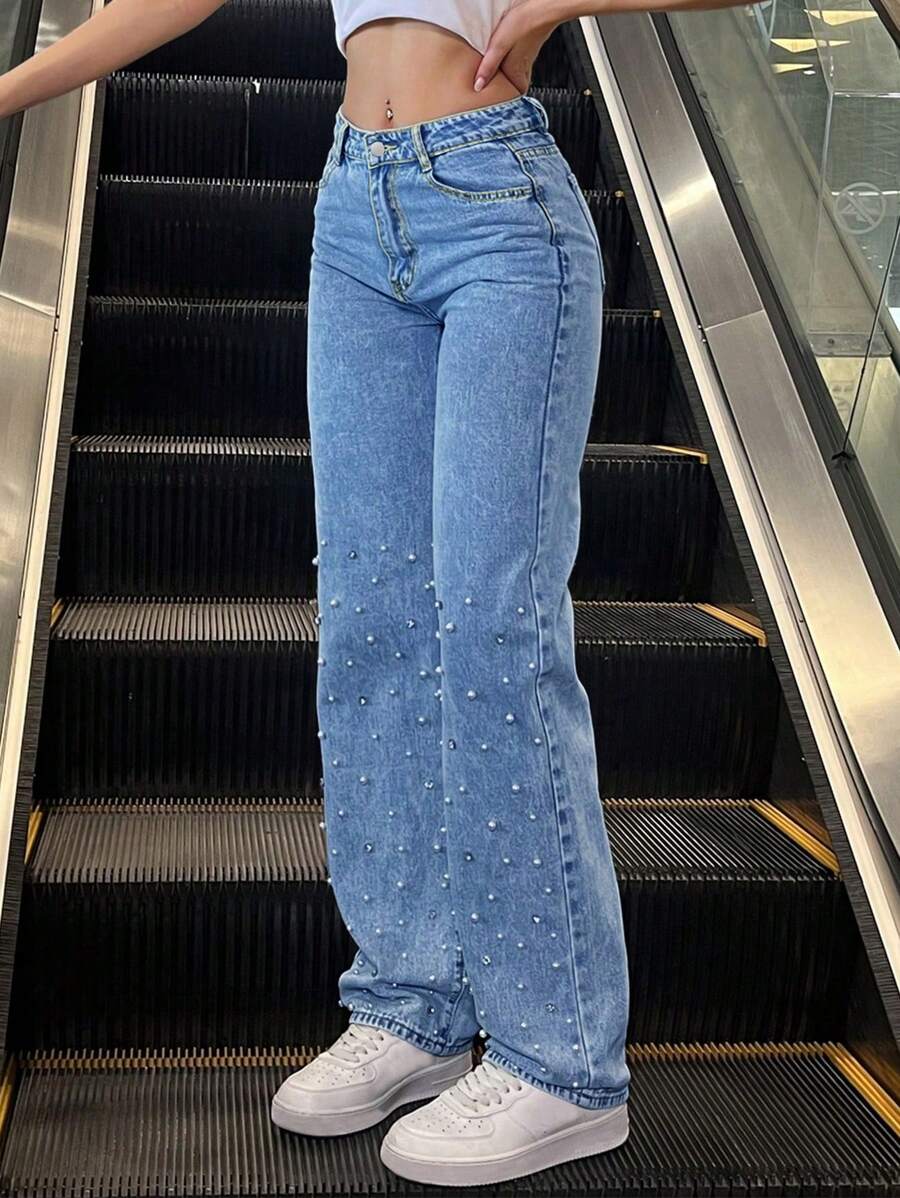 Women Pearl Studded Straight Leg Jeans