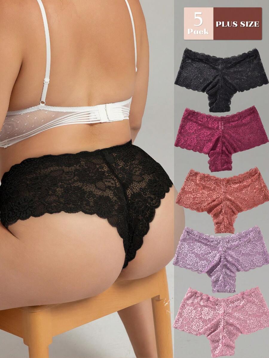 Paquete de 5 bragas tipo hipster de talla grande con encaje floral semitransparente para mujeres - Multicolor - Ver 1
