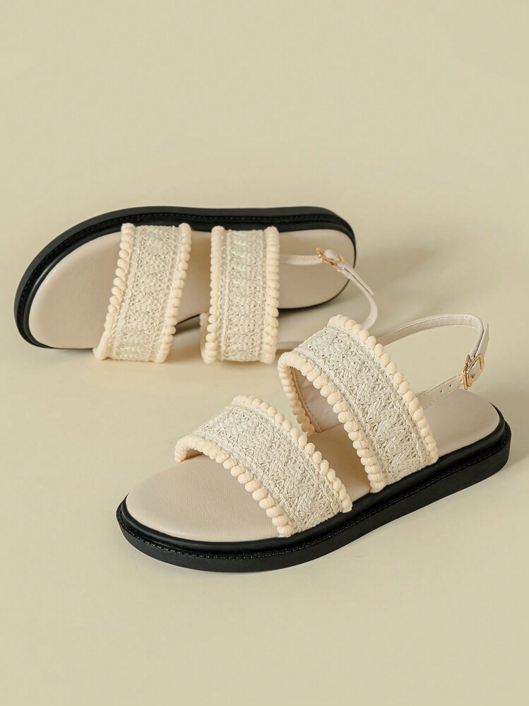 Thick Sole Strap Buckle Sandals, Suitable For Outdoor, Beach, Exposed Toe, Wedge Heel, Retro Bohemian Style, Soft Bottom, Comfortable, Simple, Elegant, Lightweight, Breathable, Fringed Woven Mesh Patchwork, Casual Sports Shoes, Wedge Soft Bottom, New Spring/Autumn 2026, Round Toe, Fresh Candy Apricot Color, Strap Roman Sandals, Plus Size Women Shoes Size 41-43 - Apricot - View 3