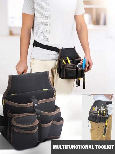 1PC Heavy-Duty Black Electrician Tool Pouch - Multifunctional Design With Waterproof Material, Adjustable Strap , And Comprehensive Handyman Toolkit - Stylish Waist Bag For Multi-Pocket Design For Seamless Storage & Easy Access Storage