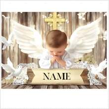 自定义名称自定义洗礼背景横幅金色圣杯跪天使金色十字架设计用于洗礼派对，保佑上帝，我的第一个，家庭团聚背景装饰横幅，派对用品，肖像摄影背景道具乙烯基个性化