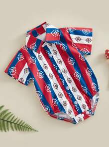 Mono de bebé estilo western, body de manga corta con estampado gráfico y solapa abotonada, ropa para recién nacidos - Rojo - Ver 2
