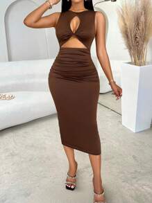 abyoxi Solid Color Sexy Front Hollowed Twist Pleated Slim Fit Midi Bodycon Dress Casual Commute Fashionable Hot Girl Style Homecoming Spring And Summer New Women's Clothing