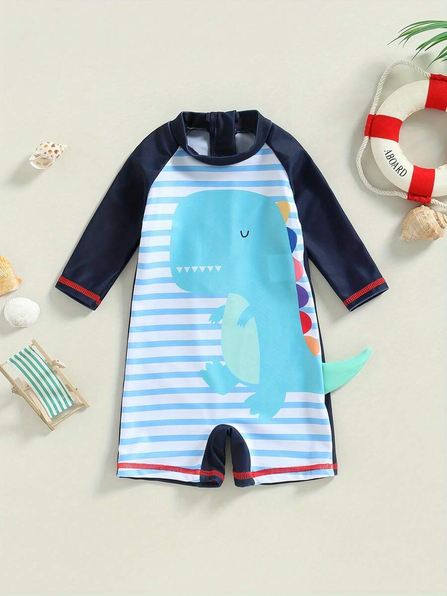 Traje de baño para niños, mangas 3/4, cuello redondo, estampado de rayas de dinosaurio, para playa, verano, para niñas y niños - Azul - Ver 1