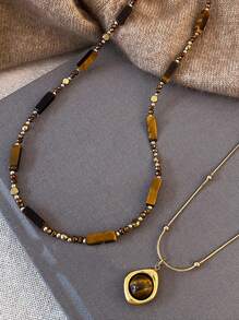 Retro Elegant Layered Tiger Eye Stone Pendant Necklace For Women Stainless Steel Double-Layer Collarbone Chain Sets Jewelry, Ladies' Daily Party Accessories, Fashionable Jewelry, Best Friend Gifts(Natural Stone Color Random)