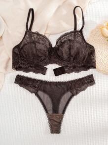 1 set de lingerie sexy et confortable en dentelle de couleur unie pour femmes