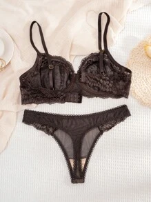 1 set de lingerie sexy et confortable en dentelle de couleur unie pour femmes