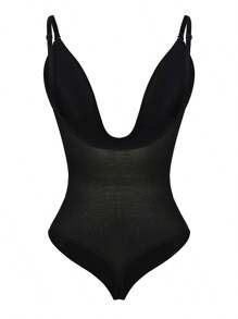 FeelinGirl Plus Size Women's Tummy Control Shapewear Bodysuit Deep U Neck Thong Body Shaper Seamless Slimming Shapewear - 黑色 - 查看 6