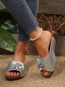 Women's Platform Wedge Slides, Waterproof, Anti-Slip, Summer Thick-Sole Floral Decor Lightweight Open Toe Sandals - Silver - View 5