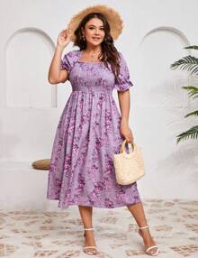 Yesfashion Womens Puff Sleeve Cute Summer Dress Plus Size Smocked Floral Midi Dress Ruffle Square Neck Casual Dress - Purple Floral - 查看 1