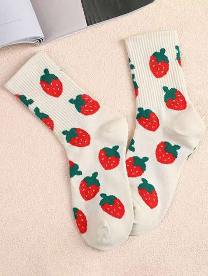 1/3 pares de calcetines de tripulación cómodos y transpirables con diseños de fresa, frutas y verduras, y corazones, adecuados para todas las estaciones como regalo de Navidad