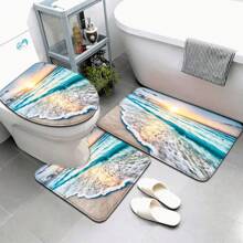 3pcs/Set Seaside Starfish & Shell Pattern Absorbent, Anti-Slip Bathroom Mats - U-Shaped Toilet Mat, Bath Rug