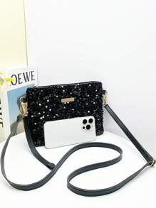 1件亮片女士单肩包，时尚简约百搭斜挎包、单肩包、手拿包、信封包，彩虹条纹草编包，轻便商务休闲水钻装饰抽绳水桶包，透明时尚珍珠包，晚宴包，优雅精致，低调奢华，适合派对女孩、女士、新娘，完美适用于派对、晚宴/宴会、圣诞派对、新年等场合。 - 黑色 - 查看 3