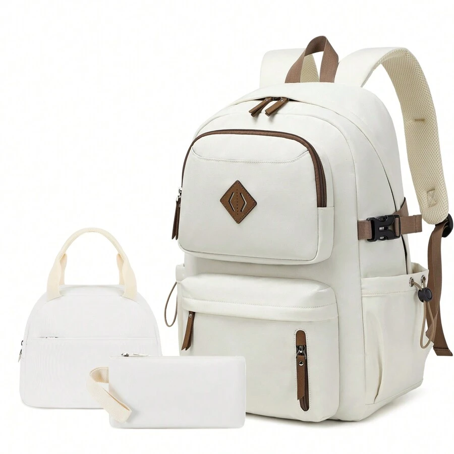3pcs With Lunch Bag Pen Bag Women's Backpack 15.6-Inch Laptop Backpack Waterproof Men's Travel Backpack Cute Backpack, Solid Color Design Black Backpack - 米色 - 查看 1