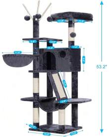 Hey-Brother Cat Tree, 53 Inch Cat Tower For Indoor Cats, Cat House With Padded Platform Bed, Toy Balls, Large Cozy Condo, Hammocks And Sisal Scratching Posts, Smoky Gray MPJ019-SG - 煙灰色 - 查看 3