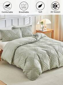 2/3pcs Mint Green Rhombus Pattern Velvet Bedding Set, Simple & Fashionable Boho Style Duvet Cover Pillowcase Set, Suitable For All Seasons (1 Duvet Cover + 1/2 Pillowcase) - Pastel Green - View 2