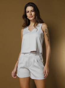 Conjunto Afaitaria |Sem Cinto| Sem Manga| Short com Bolsa Tecido De Alfaiataria