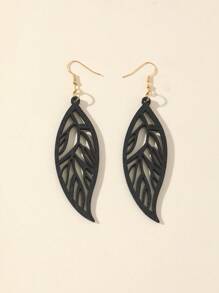1 Pair Hollowed-Out Leaf Design Simple Wooden Earrings For Women, Casual - Black - View 3