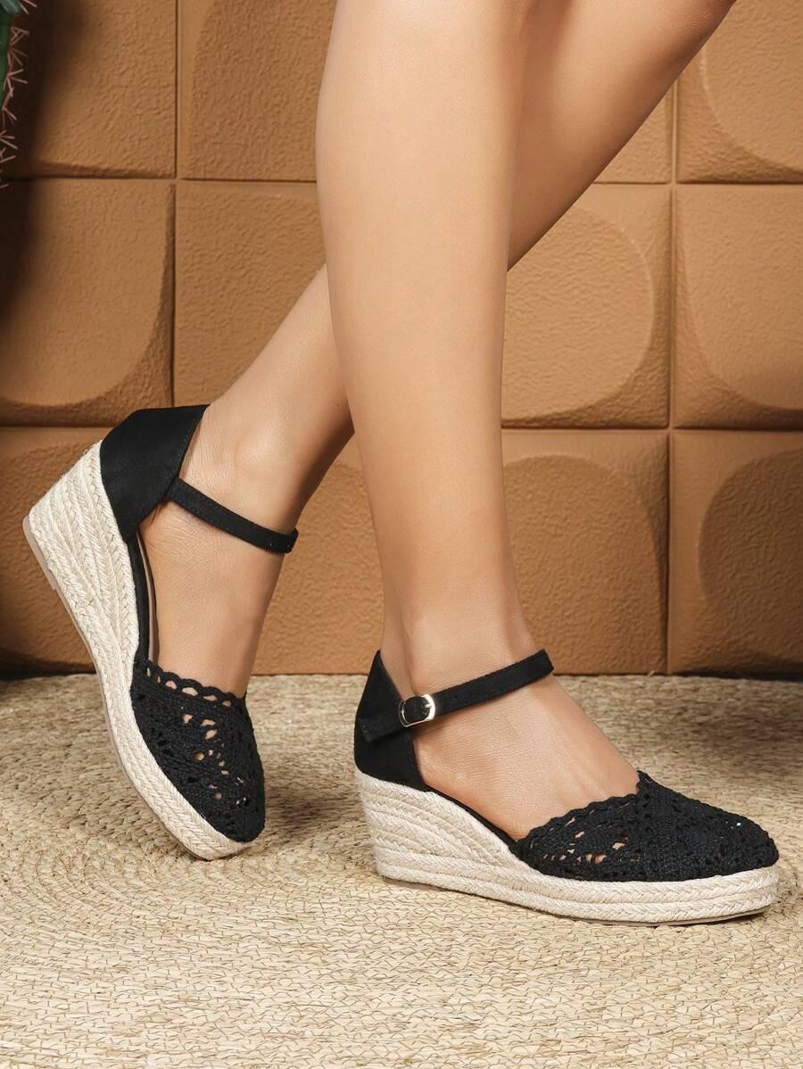 Women's Lace Closed Toe Wedge Sandals With Breathable Net Mesh, Casual Round Toe Jute Espadrille Platform High Heels, Fisherman Sandals