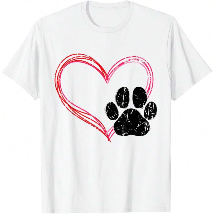 Love Heart Cat Dog Paw Print, Pet Gifts For Valentine's Day T-Shirt
