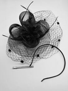 1顶黑色头饰帽，20年代/50年代风格小圆帽，茶会头饰带面纱，适合女孩和女士在万圣节佩戴 - 黑色 - 查看 2