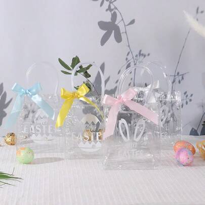 5Pcs Easter Clear Gift Bags With Handle Ribbons Reusable Transparent PVC Bag Perfect For Memorable Festive Party Gifting, Packing Presents For Easter Party Favor Decorations