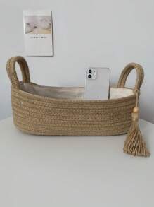 1 件手工编织黄麻绳桌面收纳篮，装饰性收纳篮，带手柄，用于桌面杂物，大容量流苏设计