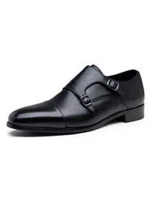 SHOESMALL Men's Dress Loafers Leather Double Monk Strap Oxford Slip On Cap Toe Dress Black Shoes For Men - AMY9028-黑色 - 查看 10